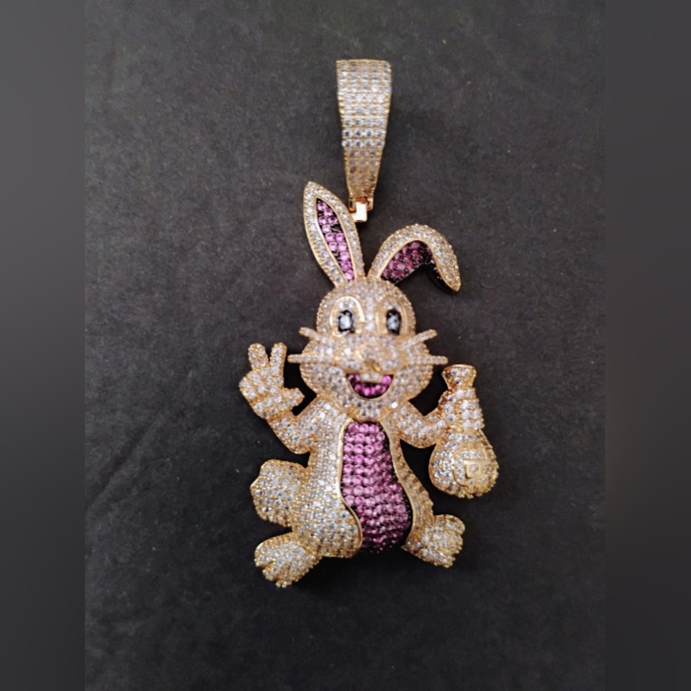 4.00Ct Simulated Sapphire Bunny Charm Pendant 14K Gold Plated Hip Hop Men Womens